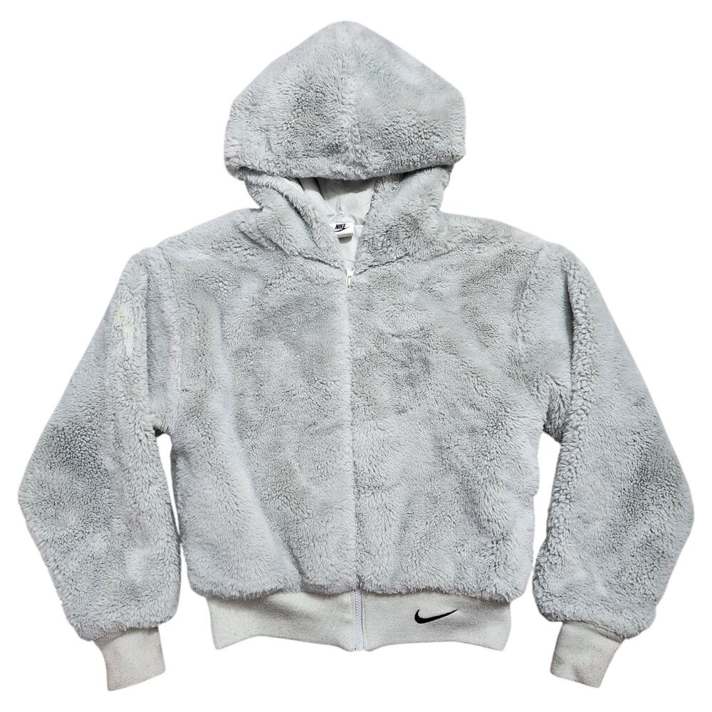 NIKE Jacket Women XS Green Sportswear Essentials Faux Fur SWOOSH Hooded Bomber
